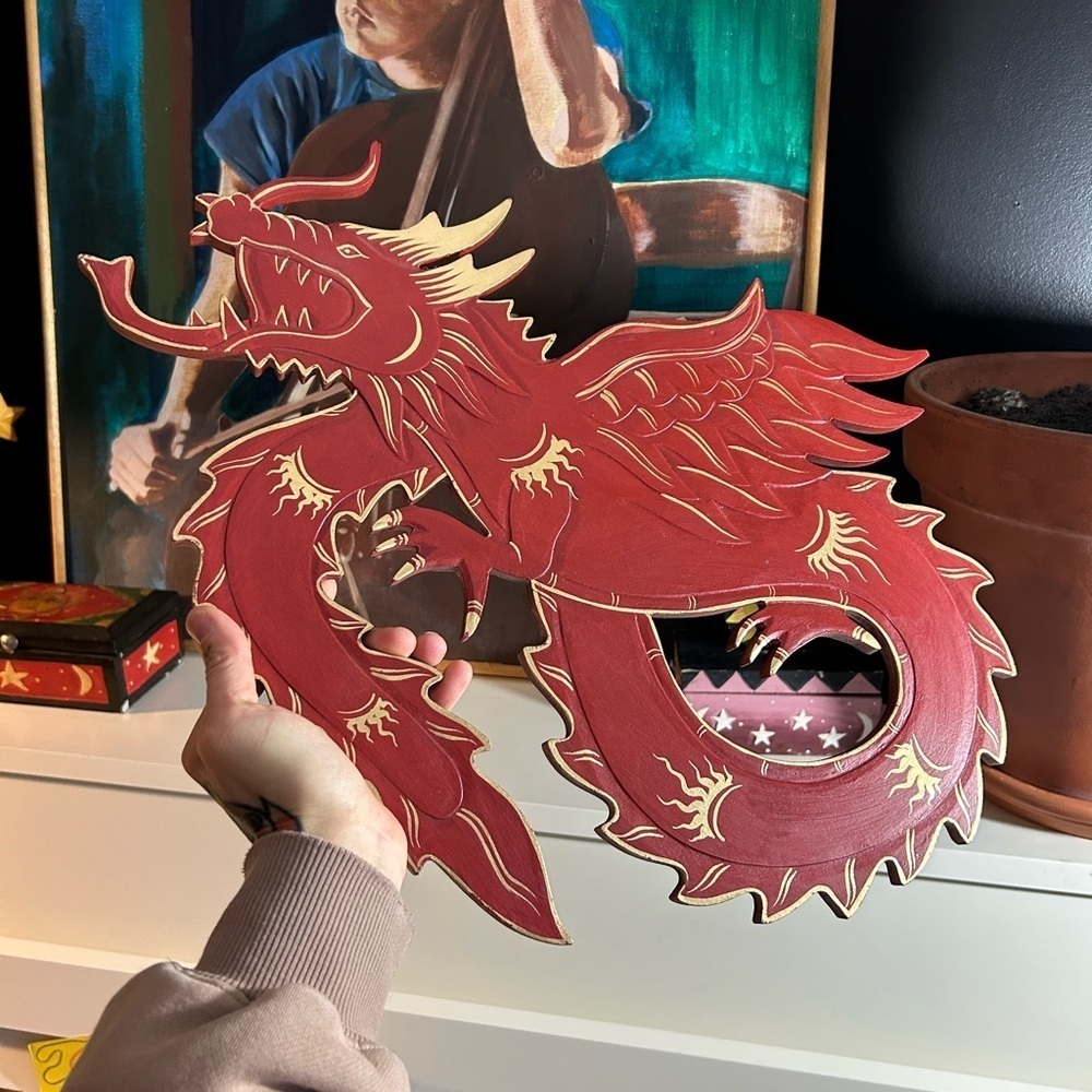 Vintage Hand Carved Red Dragon Wood Wall Art Plaque Indonesia Fantasy Decor